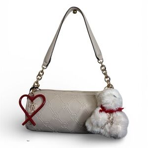 Juicy Couture Cream Logo Roll Bag with Teddy Bear and Heart Charm NWT